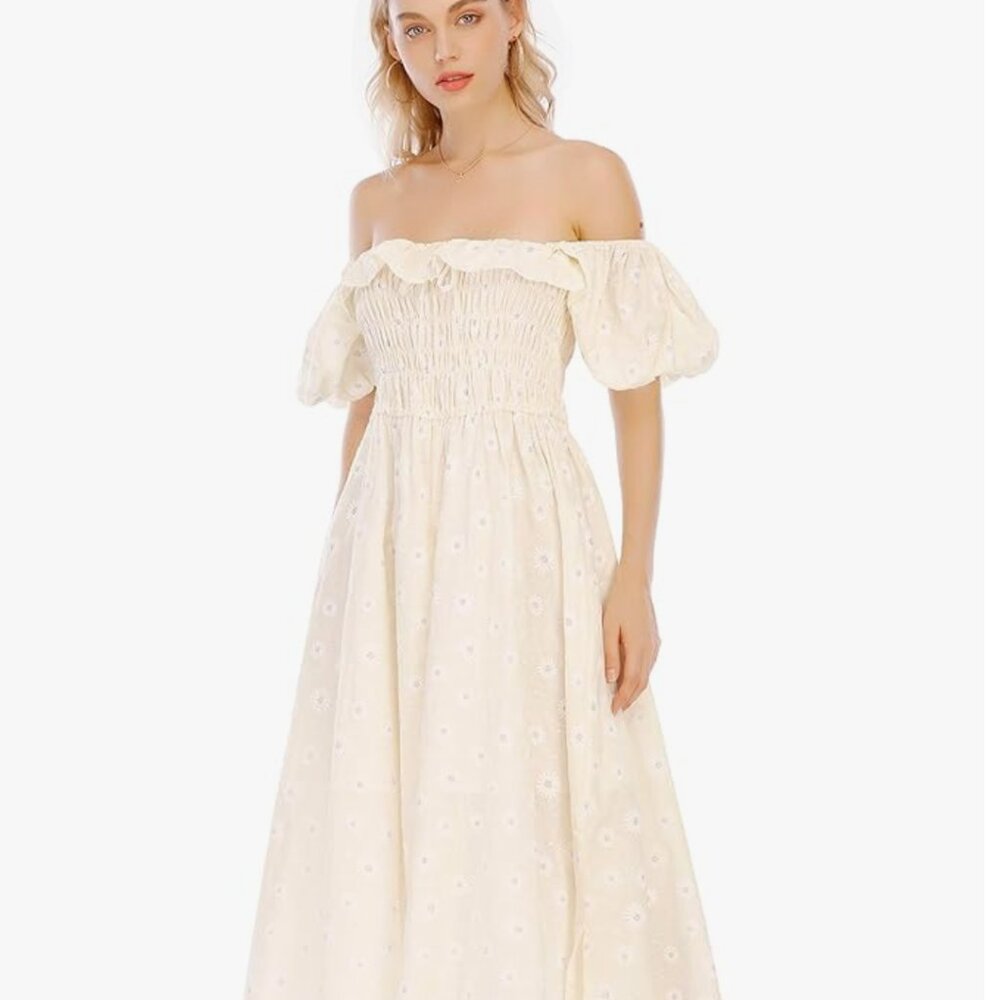 R.Vivimos Womens Summer Floral Print Puff Sleeves Vintage Ruffles Midi Dress